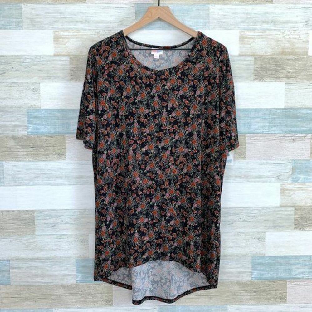 LuLaRoe Irma High Low Tunic Top Black Pink/Red Floral Print Womens Small